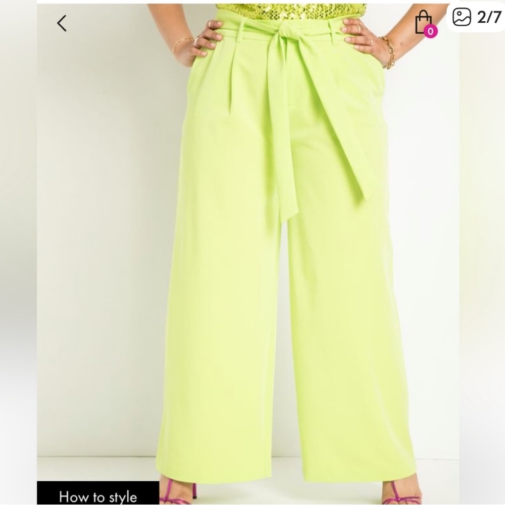 Eloquii lime green wide pants tie waist 16 - Picture 11 of 13